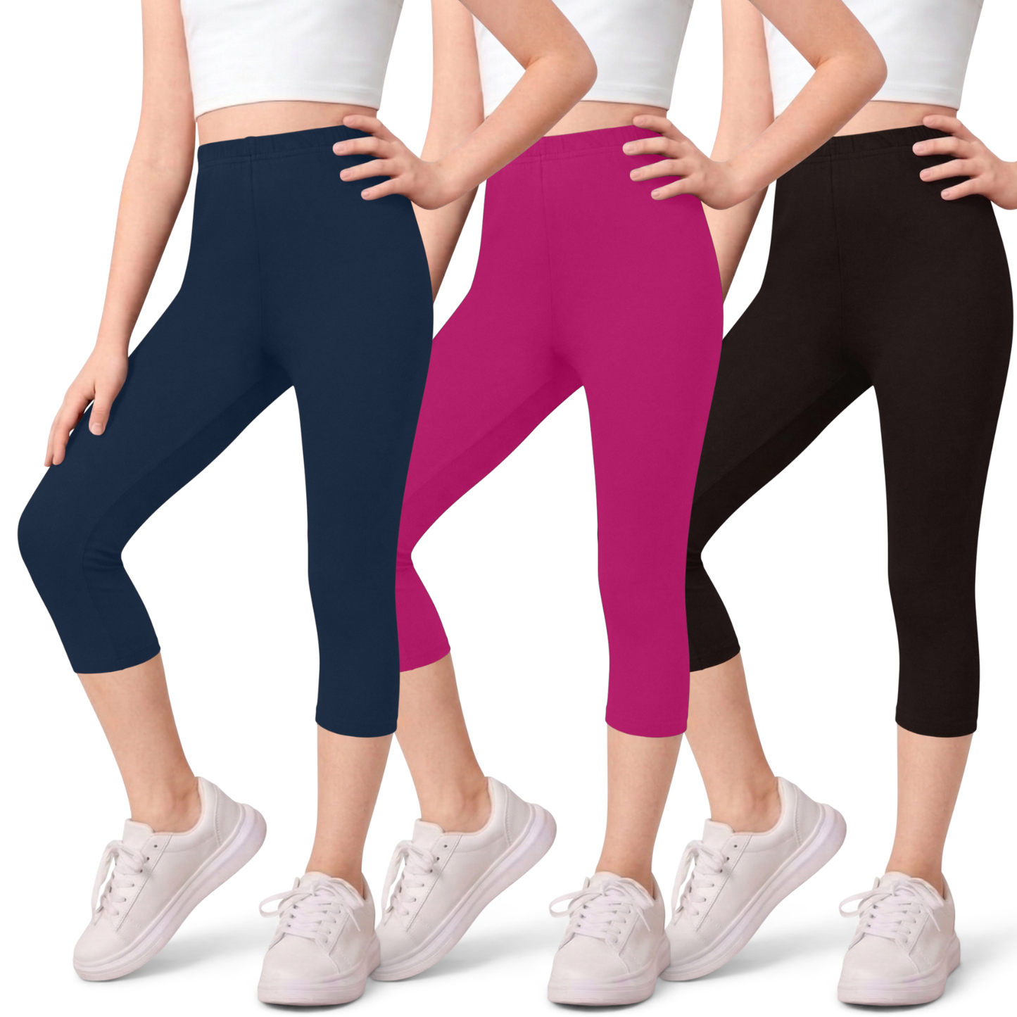 Sweet Hearts 3-Pack Girls Capri Leggings- Elastic Waist Capris for Girls Pants Tween Girls Clothes Clothing Made in USA