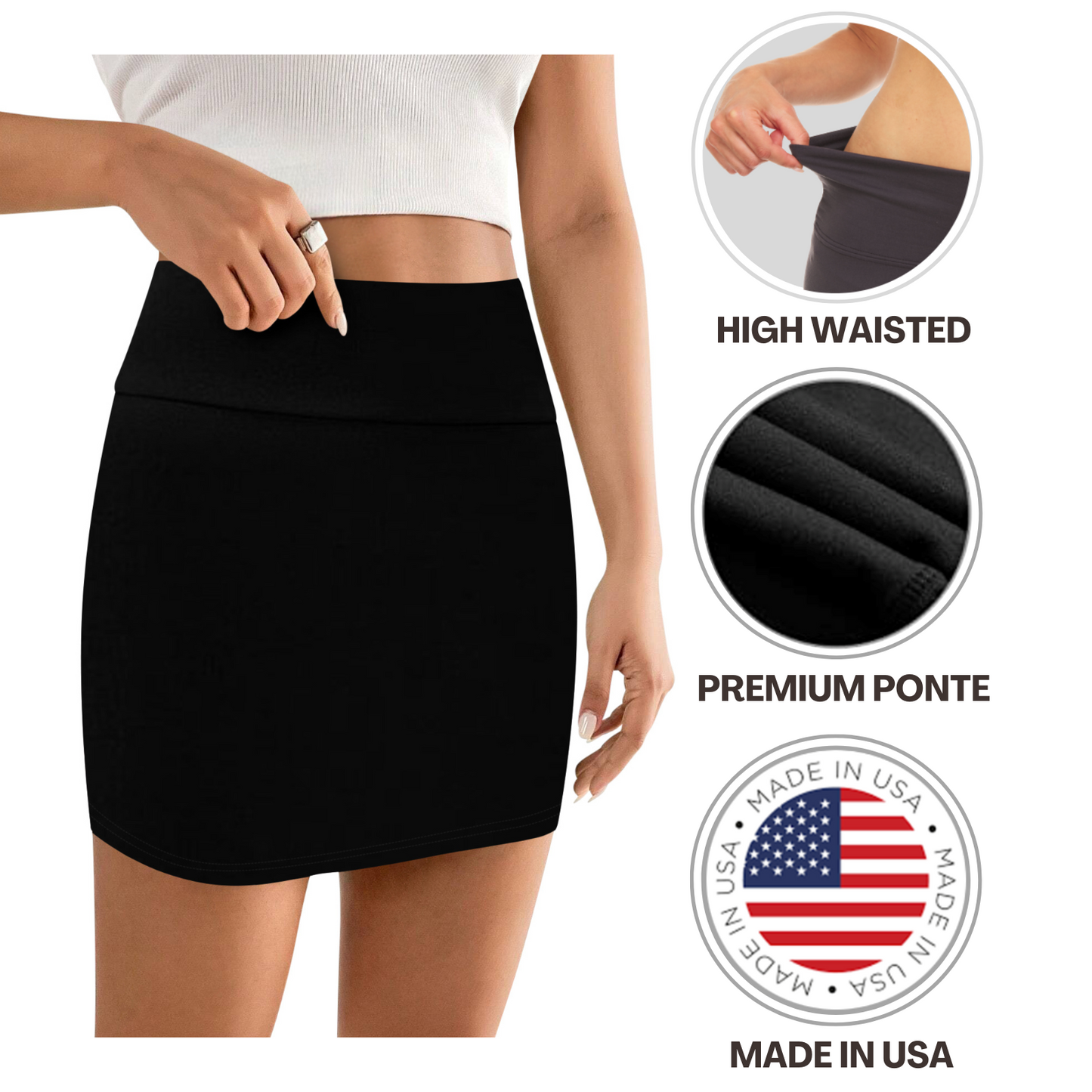 Sweet Hearts Bodycon Black Mini Skirt for Women- High Waist Womens Skirt Made in USA