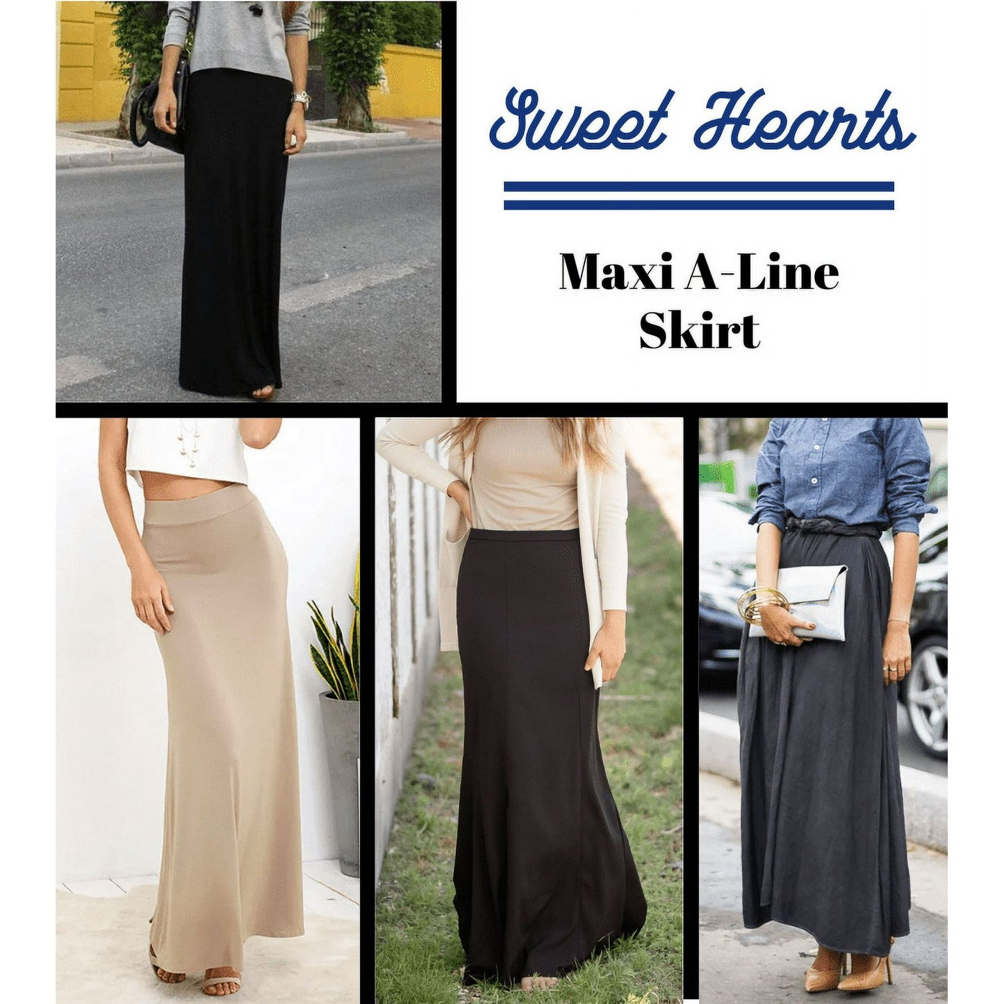 Sweet Hearts Maxi Skirt for Women- Foldover High Waist Long Flare A-Line Skirt Maxi Dress XS-XL Made in USA