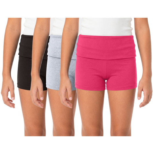 Sweet Hearts 3-Pack Girls Shorts- Foldover Biker Shorts for Girls High Waisted Black Shorts Casual Tween Summer Girls Clothes Made in USA