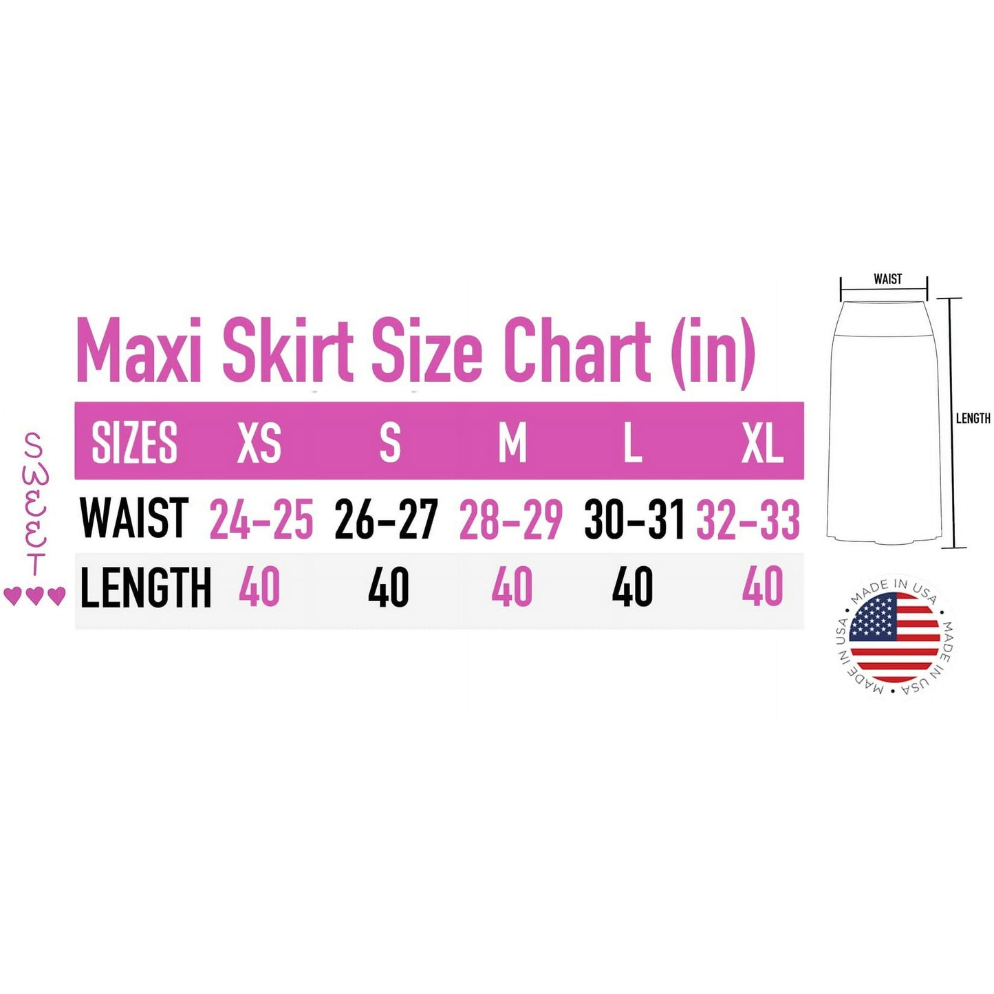 Sweet Hearts Maxi Skirt for Women- Foldover High Waist Long Flare A-Line Skirt Maxi Dress XS-XL Made in USA