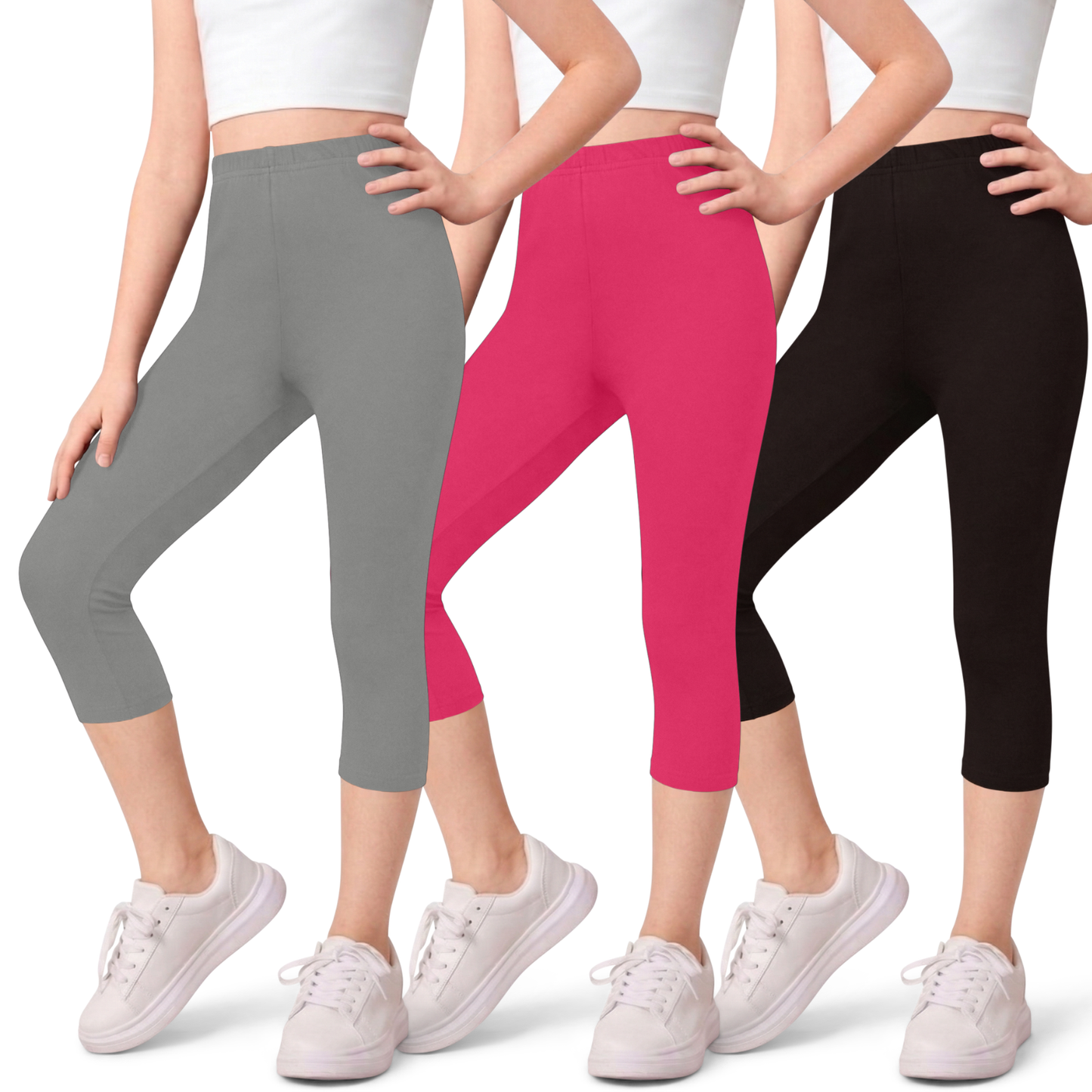 Sweet Hearts 3-Pack Girls Capri Leggings- Elastic Waist Capris for Girls Pants Tween Girls Clothes Clothing Made in USA
