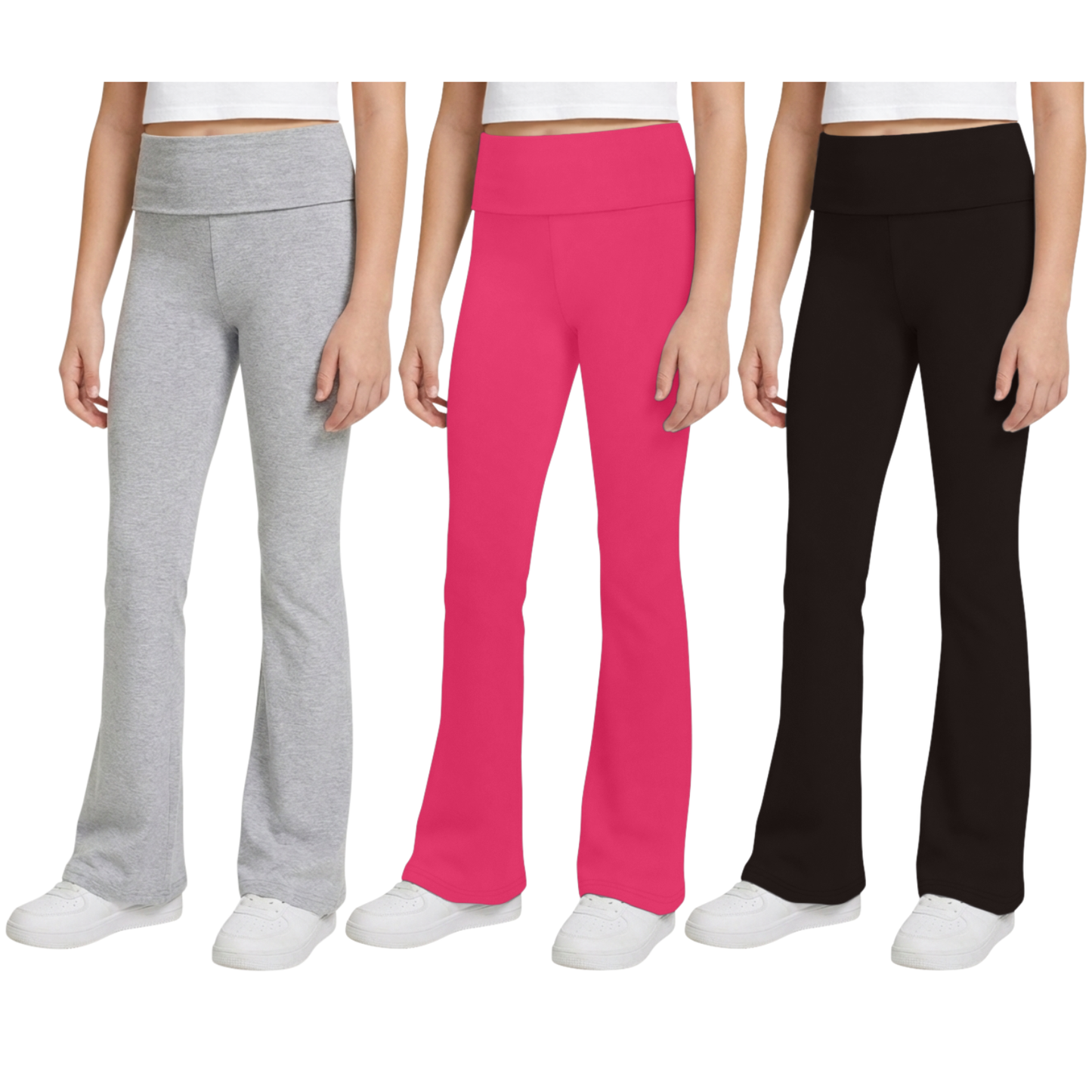 Sweet Hearts 3-Pack Girls Leggings- Foldover Pants Wide Leg Flare Leggings for Girls Clothes Made in USA