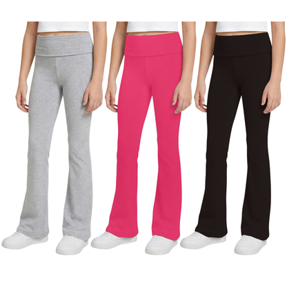 Sweet Hearts 3-Pack Girls Leggings- Foldover Pants Wide Leg Flare Leggings for Girls Clothes Made in USA