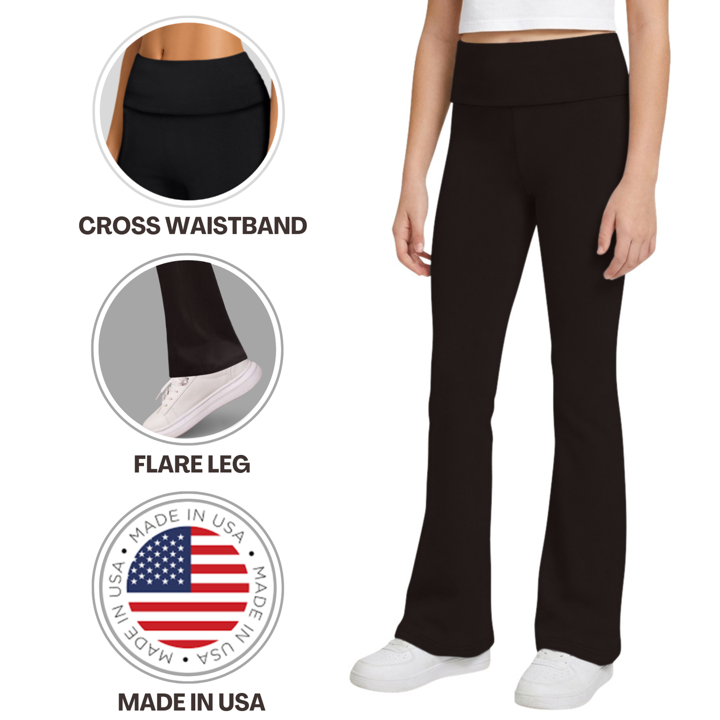 Sweet Hearts 3-Pack Girls Leggings- Foldover Pants Wide Leg Flare Leggings for Girls Clothes Made in USA